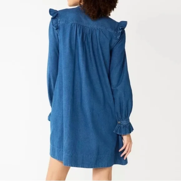 COPY - Draper James RSVP Denim Long Sleeve Ruffled Button Up Mini Dress. Size L - Picture 3 of 10
